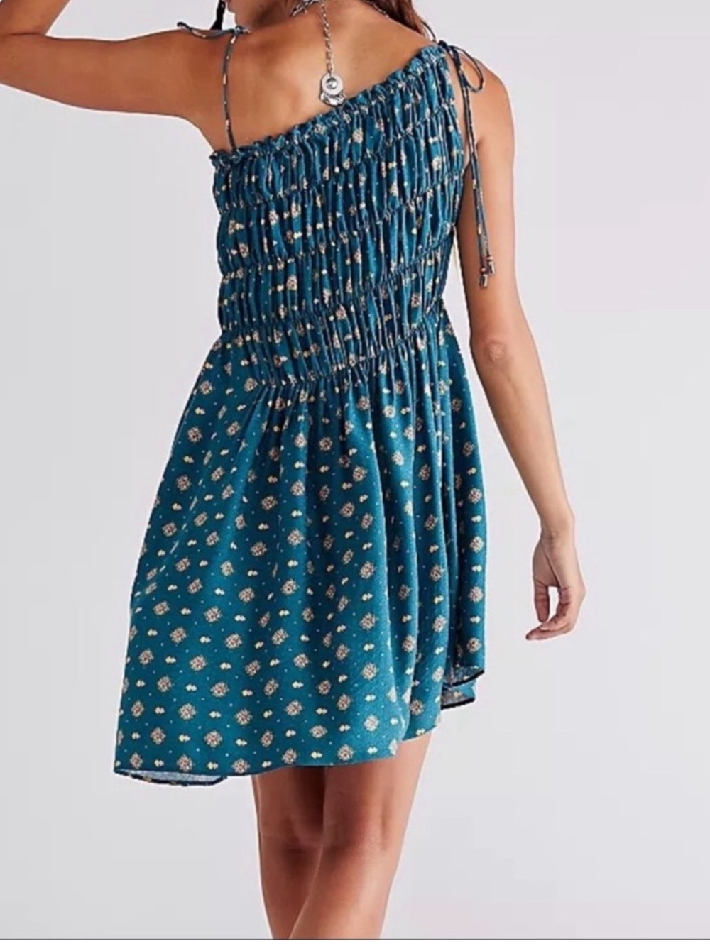Free People Clementina Asymmetrical Mini Dress Teal Blue size Large Oversized